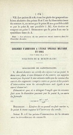 Concours d´admission a l´ecole spéciale militaire en 1882.