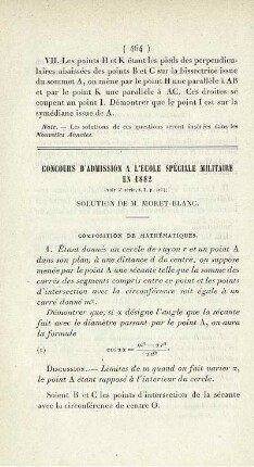Concours d´admission a l´ecole spéciale militaire en 1882.