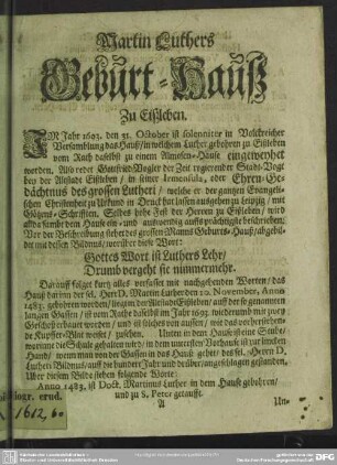 Martin Luthers Geburt-Hauß zu Eißleben