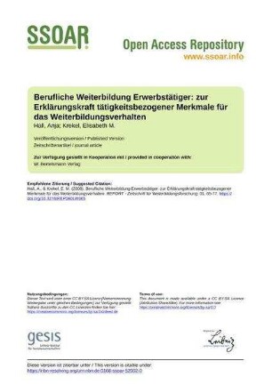 Berufliche Weiterbildung Erwerbstätiger: zur Erklärungskraft tätigkeitsbezogener Merkmale für das Weiterbildungsverhalten
