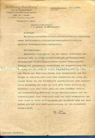 Gutachten über die Handschrift (von Harry Beil?)