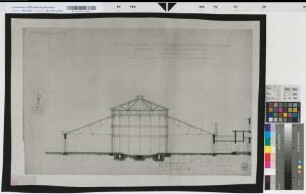 Entwurf eines Locomotivschuppens für 16 Stände der Bergisch-Märkischen Eisenbahn-Gesellschaft [in Steele]: Durchschnitt der ganzen Anlage, o. M. [ [Maßstab in Fuß] ] Hgl, Sknr.: 5, Fanr.: 8, Bunr.: 4