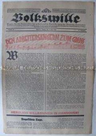 Proletarische Tageszeitung "Volkswille" zum Arbeitersängerfest in Hannover