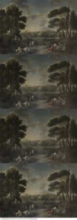 Römische Landschaft mit lagernden Figuren, Ruinen und ideell zusammengerückten römischen Monumenten in Flussnähe