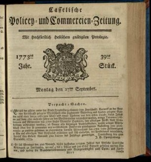 39tes Stueck, Montag den 27ten September 1773