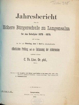 Jahresbericht über die Höhere Bürgerschule zu Langensalza : für das Schuljahr von Ostern ... bis Ostern ..., 1878/79