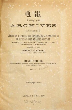 T'oung-pao : the journal of Chinese studies = Tongbao. 4. 1893