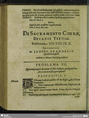 De Sacramento Coenae, Decadis Tertiae. Problemata VII. VIII. IX. X. Respondente M. Jacobo Brandesio Quedlinburgensi