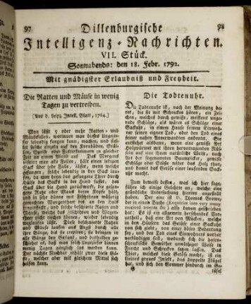 VII. Stück. Sonnabends: den 18. Febr. 1792.