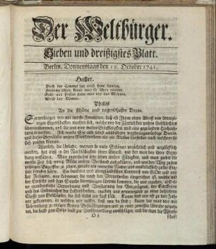 Sieben und dreißigstes Blatt. Berlin, Donnerstags den 12. October 1741.