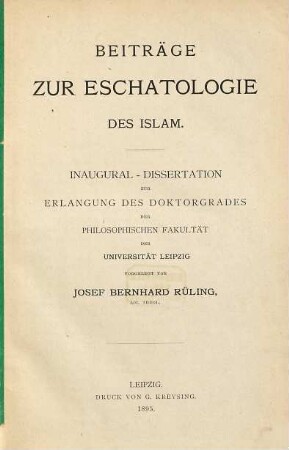 Beiträge zur Eschatologie des Islam