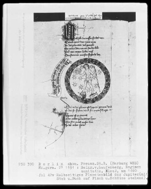 Heinrich von Laufenberg, Regimen sanitatis, deutsch — Planetenbild des Jupiter mit Stab und Buch, Folio 42verso