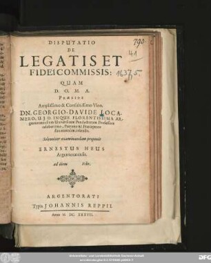 Disputatio De Legatis Et Fideicommissis