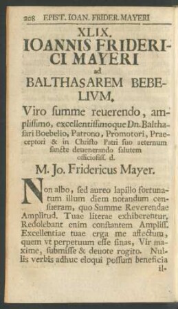 XLIX. Ioannis Friderici Mayeri ad Balthasarem Bebelium