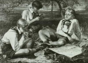Junge Pioniere : Bammes, Gottfried: Junge Pioniere. Ölmalerei; 90 x 130 cm. 3. Deutsche Kunstausstellung Dresden, Albertinum, 1953.03-1953.05