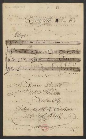 Quartette; vl (2), vla, vlc; D-Dur; K 70