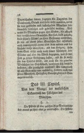 Das III. Capitel. Von dem Mangel der natürlichen Erkenntniß der Pflichten des Menschen.