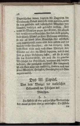 Das III. Capitel. Von dem Mangel der natürlichen Erkenntniß der Pflichten des Menschen.
