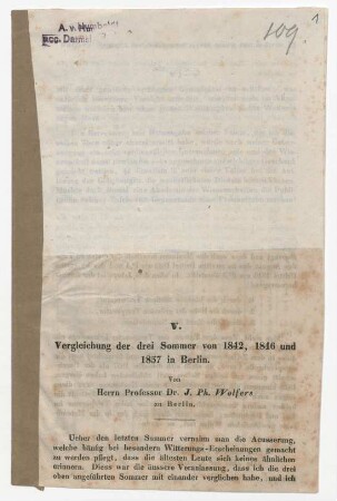 Vergleichung der drei Sommer von 1842, 1846 und 1857 in Berlin
