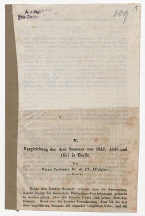 Vergleichung der drei Sommer von 1842, 1846 und 1857 in Berlin