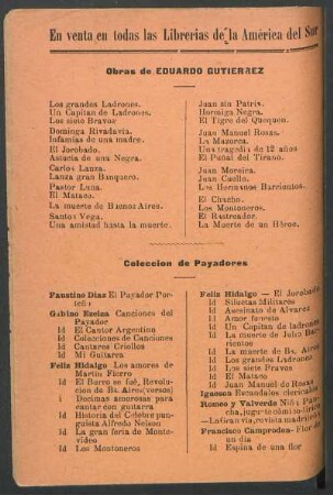 En venta en tods las librerías de la América del Sur : Obras de Eduardo Gutierrez. Colección de payadores
