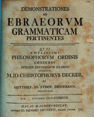 Demonstrationes Ad Ebraeorvm Grammaticam Pertinentes