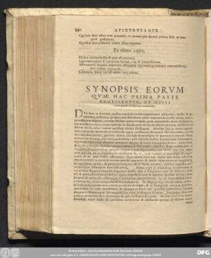 Synopsis Eorum Quae Hac Prima Parte Continentur, Et Huius cum parte Analytica connexio.