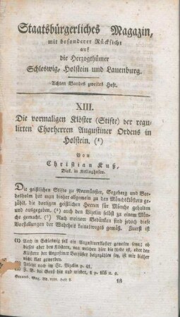 XIII. Die vormaligen Klöster (Stifte) der regulirten Chorherren Augustiner Ordens in Holstein. Von Christian Kuß, Diak. in Kellinghusen.
