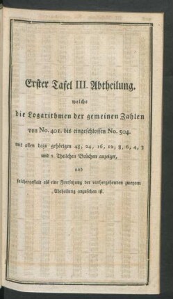 Erster Tafel III. Abtheilung. welche die Logarithmen der gemeinen Zahlen von No. 401. bis eingeschlossen No. 504. ... anzeiget.