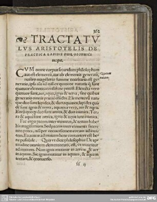 Tractatus Aristotelis de practica lapidis philosophici incipit.