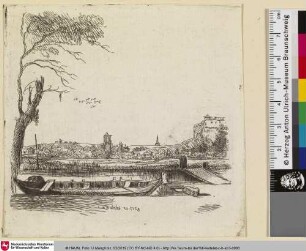 [Flusslandschaft mit Boot und Stadtansich]