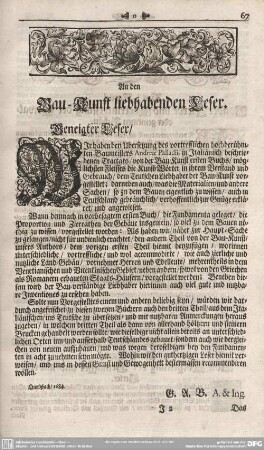 An den Bau-Kunst liebhabenden Leser.
