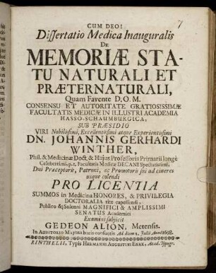 Dissertatio Medica Inauguralis De Memoriae Statu Naturali Et Praeternaturali