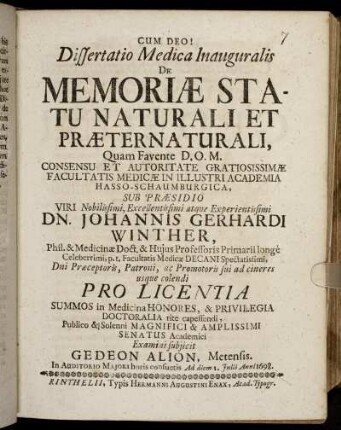 Dissertatio Medica Inauguralis De Memoriae Statu Naturali Et Praeternaturali
