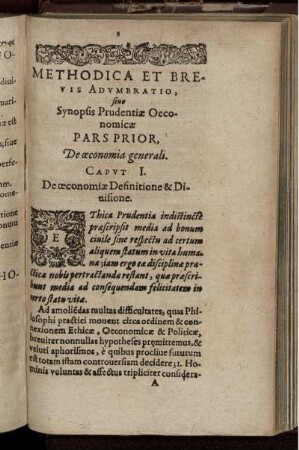 Methodica Et Brevis Adumbratio, sive Synopsis Prudentiae Oeconomicae Pars Prior