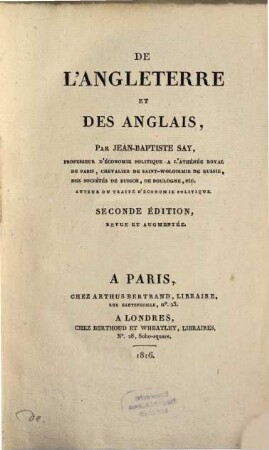 De l'Angleterre et des Anglais