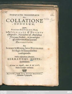 Disputatio Inauguralis De Collatione Bonorum