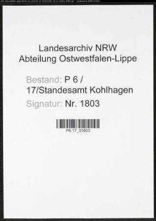 Heiratsregister Standesamt Kohlhagen