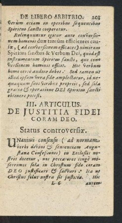III. Articulus. De Justitia Fidei Coram Deo.