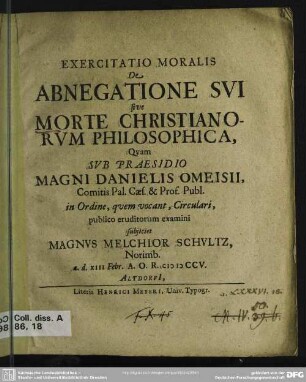 Exercitatio Moralis De Abnegatione Sui sive Morte Christianorum Philosophica