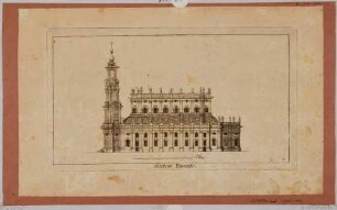 Die Katholische Hofkirche in Dresden, Aufriss der nordwestlichen Fassade mit einem Maßstab in Ellen, Teil einer Reihe Dresdner und sächsischer Ansichten von Schlitterlau um 1770
