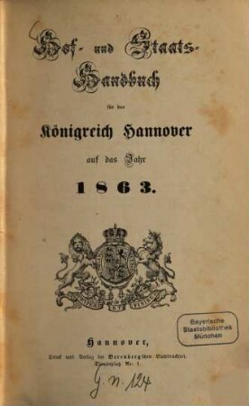 Hof- und Staatshandbuch für das Königreich Hannover. 1863