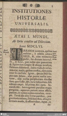 Aetas I. Mundi, Ab Orbe conditio ad Diluvium. Anni MDCLVI.
