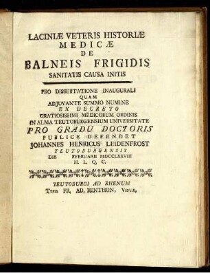 Laciniæ Veteris Historiæ Medicæ De Balneis Frigidis Sanitatis Causa Initis