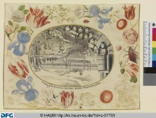 Emblematisches Vexierbild, ovale Darstellung in Malergoldeinfassung und farbigem Blumenrahmen