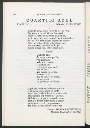 Cuartito azul : Tango. Editorial Julio Korn