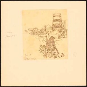 Russen, Chiwa: Perspektivische Ansicht mit Stadttor und Turm (Nach- oder Durchzeichnung nach Über Land und Meer, 1874, 733)