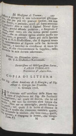 Copia die Lettera del Sig. Abate Bandrate di S. Giorgio, al Sig. Abate S. Giorgio su Fratello, 6. Gennajo 1708