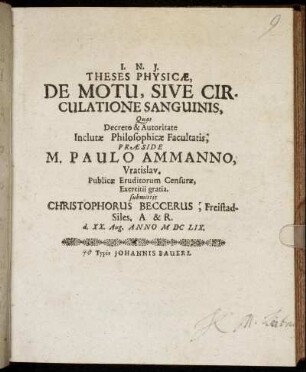 Theses Physicae, De Motu, Sive Circulatione Sanguinis