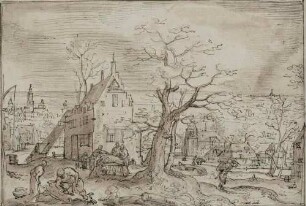 Der Winter - Landschaft mit einer Stadt und Schweinschlachtung (recto)